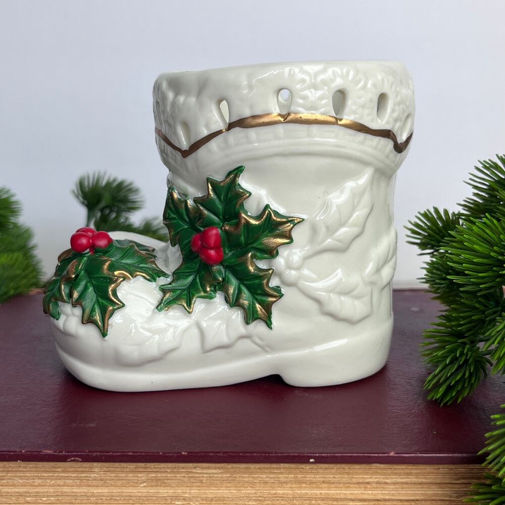 Vintage Porcelain Santa Boot Planter Embossed Relief & Pierced Holly Gold Trim